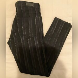 AG Adriano Goldschmied Farrah Skinny Ankle Black Navy Lurex Striped Denim 28